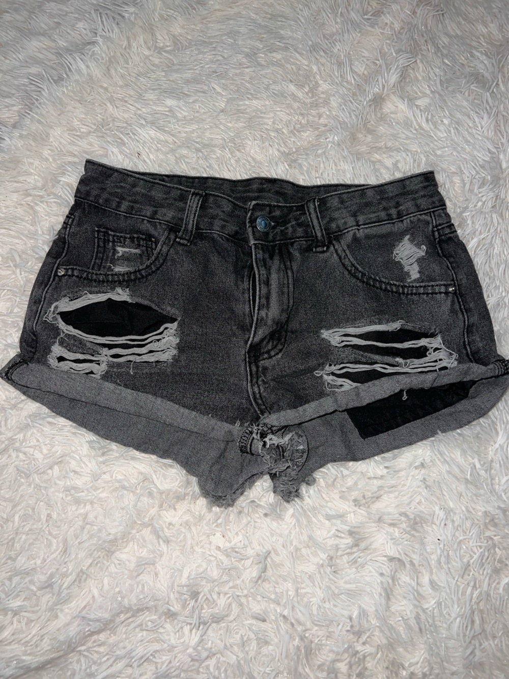Distressed Black Denim Shorts